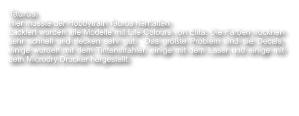 Taurus. Hier musste der Hobbytrain Taurus herhalten. Lackiert wurden alle Modelle mit Life Colours von Elita. Die Farben trocknen sehr schnell und decken sehr gut.  Das gr��te Problem sind die Decals, einige wurden mit dem Tintenstrahler, einige mit dem Laser und einige mit dem Microdry Drucker hergestellt.